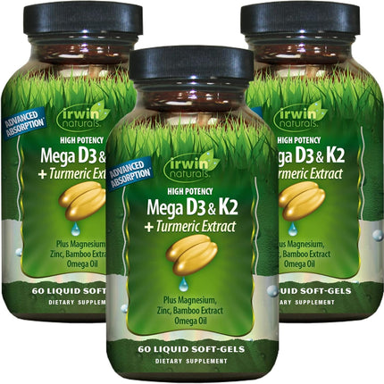 Irwin Naturals High Potency Mega D3 & K2 + Turmeric Extract — 60 Liquid Soft-Gels - 3 Pack