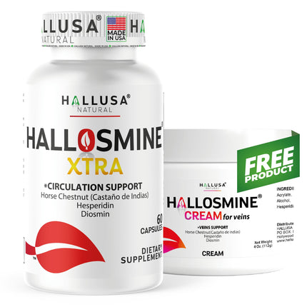 Hallosmine Xtra Circulation & Vein Support, Diosmin, Horse Chesnut & Hesperidin 850mg + FREE Leg Cream | Leg Circulation, Varicose Veins, Spider Veins, Hemorrhoids, Blood Flow, 60 capsules