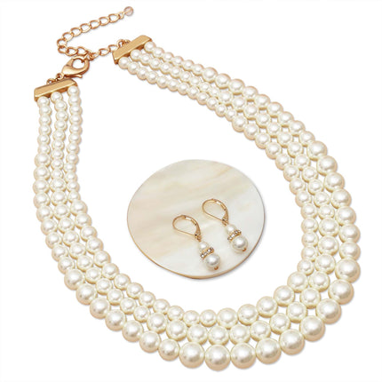 S SUSANN Costume Layered Gold Pearl Necklace Choker Chunky Glass Statement Necklace and Earring, good gift for women Faux pearl necklace (Pearl collar necklace)