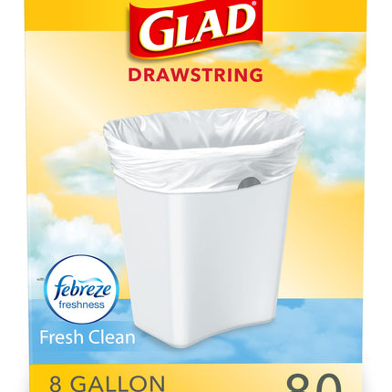 Glad Medium Trash Bags, 8 Gallon, Febreze Fresh Clean Garbage Bags, With Odor Control and Drawstring, 80 Count