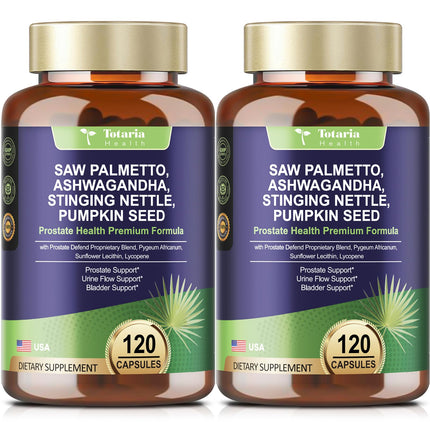 Totaria 2Pack Organic Saw Palmetto - Prostate Health Supplements for Men with Ashwagandha Root, Stinging Nettle, Pumpkin Seed, Prostate Defend Propnietary Blend, DHT Blocker, 240 Count