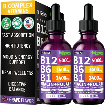 (2 Pack) Vitamin B12 and B6 Liquid Drops, B12 Sublingual Vitamin B Complex - B 12 Vitamin 5000mcg - B12 Methylcobalamin for Energy, Brain, Heart Support with 27,200 mcg, Grape Flavor, 80 Servings