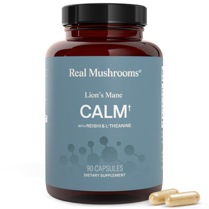Real Muhsrooms Calm Lions Mane Capsules (90 Count) – 400mg Organic Lions Mane Fruiting Body Extracts, 200mg Organic Reishi, 200mg AlphaWave L-Theanine for Calm Clarity & Relaxed Alertness, 90ct