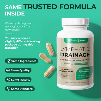 Paradise Emerald Lymphatic Drainage Supplements: Natural Herbal Complex Echinacea Burdock Root Dandelion Cleavers - Lymph System Support for Bloating Immune Health Fluid Balance 60 Capsules