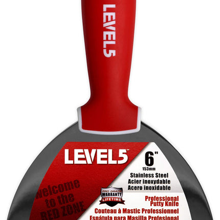6" Soft-Grip Stainless Steel Drywall Joint Knife - LEVEL5 | Pro-Grade | Comfortable Finishing Hand Tool | Metal Hammer End | Sheetrock Gyprock Plasterboard Mud | 5-142