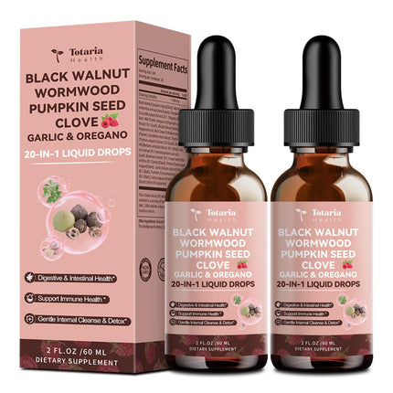 Totaria 2 Pack 20 in 1 Black Walnut Wormwood Tincture - Clove,Pumpkin Seed,Garlic,Oregano,Berberine - Gentle Gut Cleanse & Digestive Health - Alcohol-Free,Gut-Friendly -Raspberry Flavor - 4FL