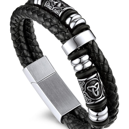 Bandmax Men's Norse Bracelet 8 inch Viking Celtic Knot Beads Bracelets Black Leather Braided Rope Wristband for Men Son Husband Grandson Gift For Father's Day Birthday Christmas Graduation