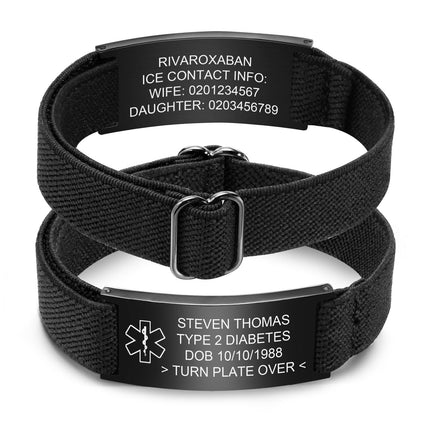Personalized Medical Alert Bracelet for Men - Customized Elastic Strap Stainless Steel Bracelets Engraved Medic Info, Emergency Awareness Medic ID Bracelet for Allergy Diabetic Asthma Epilepsy