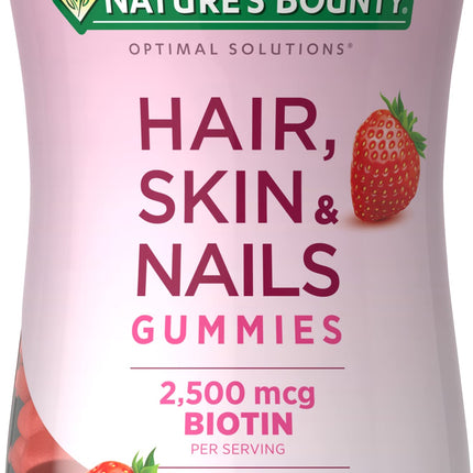 Nature's Bounty Optimal Solutions Hair, Skin and Nails Gummies with Biotin, 2500 mcg, Strawberry Flavored, 200 Count, 100 Total Servings