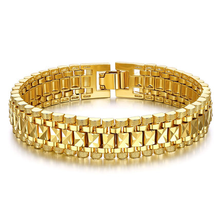 U7 Gold Bracelet for Men，14K Yellow Gold Plated Solid Mens Bracelet 12mm