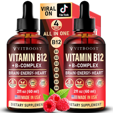 Vegan Vitamin B12 with B Complex 20 mg- Extra Strength for Men and Women- Raspberry Liquid Drops| USA Made, B1, B2, B3, B5,B6, Biotin, Folic Acid & B12 Sublingual Methylcobalamin | 4 Months Supply
