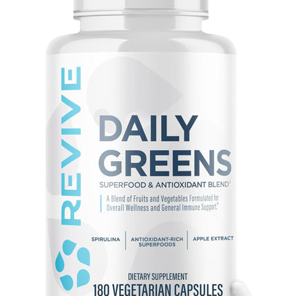 Revive MD Daily Greens Supplement for Men & Women - Superfood & Antioxidant Blend w/Digestive Enzymes, Prebiotics & Probiotics for Immune Support, Digestive & Gut Health - 180 Capsules (60 Servings)