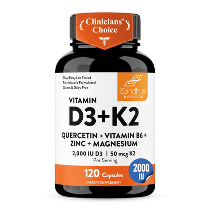 Sandhu's Vitamin D3 K2 Magnesium 2000 IU, 50mcg K2 Capsules 120 Count (Pack of 1) | with VIT B6, Zinc & Quercetin | D3K2 Supports Superior Absorption, Energy, Immune, Muscle Health for Men & Women
