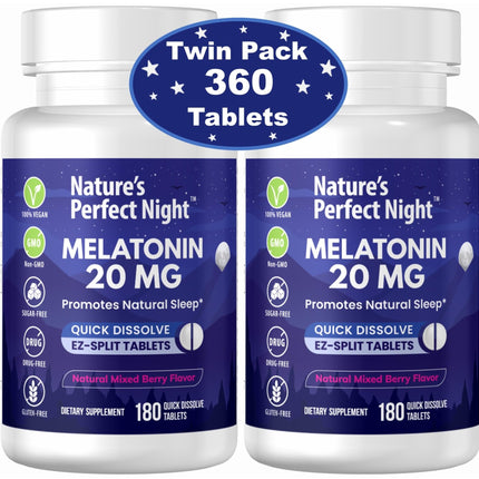 Nature's Perfect Night | Melatonin 20mg | 180 Quick Dissolve Tablets, 2-Pack | Natural Mixed Berry Flavor |High Potency | Sugar Free | Vegan | Gluten Free | 2 Count