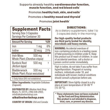 Alkaline Herb Store Sea Moss, Burdock Root, & Bladderwrack Supplement 90 Capsules