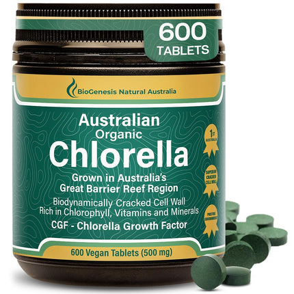 Biogenesis Organic Chlorella Tablets – 600 Count (500mg) | Australian Grown | BioDynamic Cracked Cell Wall | Rich in Chlorophyll, Vitamins & Minerals | Supports Energy & Immunity | Vegan Tablets