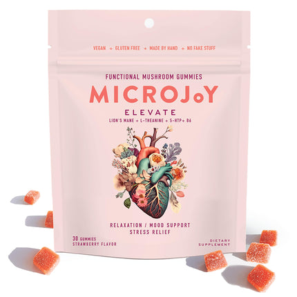 Microjoy Elevate – Mood Support, Relaxation & Stress Relief Gummies – with L-Theanine, Lion’s Mane, 5-HTP & B6 – Vegan, Non-GMO – 30ct – Strawberry