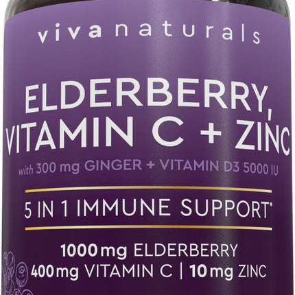 Viva Naturals Black Elderberry 1000mg with Vitamin C, D3 5000 IU & Zinc - 5-in-1 Immune Support Supplement for Adults, Sambucus Elderberry Capsules with Ginger for Men and Women, (60 Capsules)