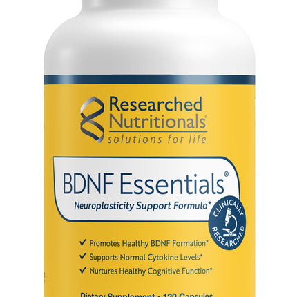 Researched Nutritionals BDNF Essentials - Clinically Researched Brain Supplement with Bacopa Monnieri & Lions Mane Mushroom - Supports Neuroplasticity, & Healthy Cortisol Levels, 120 Capsules