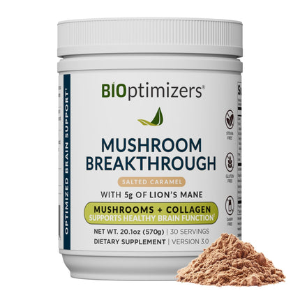 BIOptimizers Mushroom Coffee Alternative – Salted Caramel Drink – Lion’s Mane, Chaga, Reishi + Collagen Peptides for Focus, Energy & Gut Health – Adaptogenic Mushrooms & MCT Powder – 30 Servings