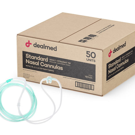 Dealmed Adult Standard Nasal Cannula – Straight with 7 ft (2.1m), Soft Green, Cannula Nasal Tubing for Oxygen, Highly Visible, Kink Resistant, Lightweight Tubing (50 Pack)