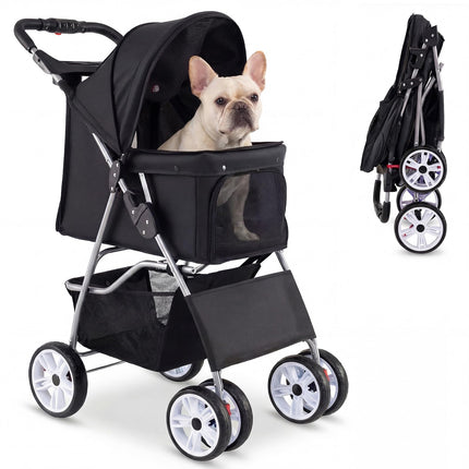 Giantex Foldable Pet Stroller for Small Dogs & Cats, Lightweight Dog Stroller with Lockable Wheels, One-Hand Quick Fold, Adjustable Canopy, Safety Leash & Storage Basket, Pet Travel Stroller, Black