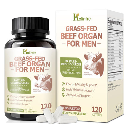 Grass Fed Beef Organ Supplement for Men - Beef Liver Capsules,Pasture Raised Beef Organs with Heart, Liver, Kidney, Spleen, Testicle & Prostate, Zinc, Selenium, Vitamin D3, Ginseng, Cordyceps