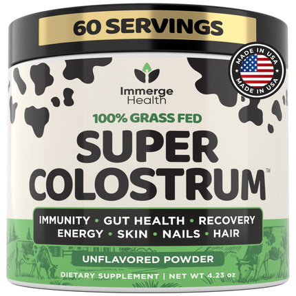 Immerge Health Super Colostrum Powder (60 Servings) – Premium Bovine Colostrum Supplement for Gut Health, Bloating & Immune Support – High IgG, 100% Grass Fed First Milking, Unflavored, Made in USA