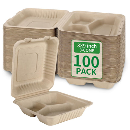 Aricsen Disposable 100 Pack 3 Compartment 8x9 Inch Take Out Food Containers