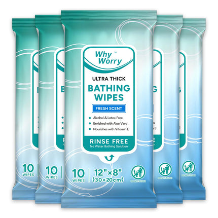 WhyWorry Ultra Thick Bathing Wipes for Adults Rinse Free, Large Body Wipes for Women, Men, Elderly Care & Cleaning, 8" x 12" Disposable Shower Washcloths for Gym & Camping, Fresh Scent, 50 Count