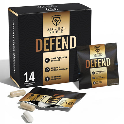 ALCOHOL SHIELD Defend Hangover Supplement | DHM + NAC | Feel Better After Drinking | Alcohol Recovery & Liver Support | Electrolytes & B Vitamins | 14 Sachets