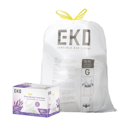 EKO 21 Gallon / 50-90 Liter, 60 Count Drawstring Trash Bags, Extra-Strong Garbage Bags, Lavender Scent with Continuous Odor Control, Easy-Dispense Roll for Kitchen and Household Use, Code G, White