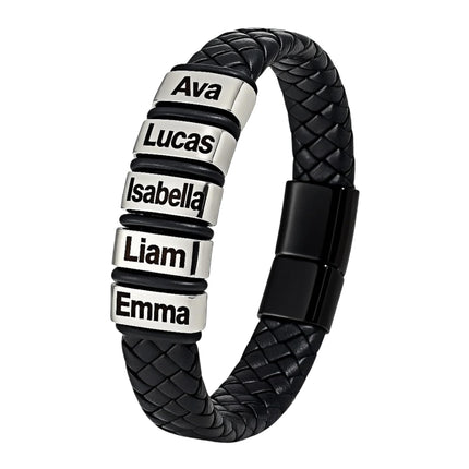 Tina&Co Personalized Men's Bracelet with 0–6 Name Beads – Black Braided Leather, Adjustable Sizes, Custom Gift for Dad, Husband, Son, Boyfriend