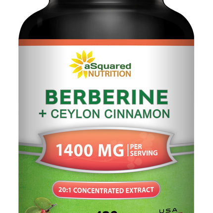 aSquared Nutrition Berberine with Ceylon Cinnamon Supplement - Max Strength Complex - 120 Capsules - Berberine HCl 1200mg Per Serving - Premium Extract Plus Pills Alternative to Gummies & Drops