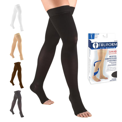 Truform 20-30 mmHg Compression Stockings for Men and Women, Thigh High Length, Dot-Top, Open Toe, Black, Large