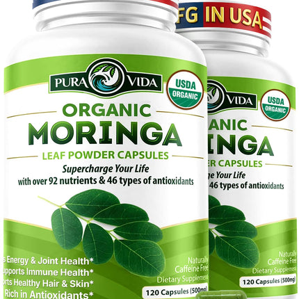 PURA VIDA MORINGA Organic Moringa Capsules Single Origin Moringa Powder Organic. Pure Moringa Leaf. Energy, Metabolism, & Immune Support. 120ct. 500mg Caps (Pack of 2)