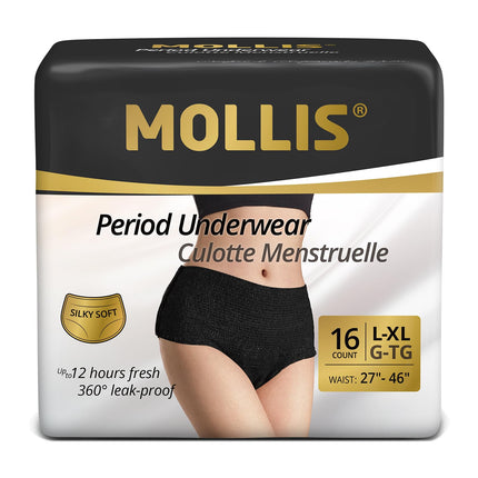 MOLLIS Disposable Period Underwear for Women, Postpartum Panties, Maternity Knickers Heavy Flow Leak Proof, Black, Large/X-Large, 16 Count