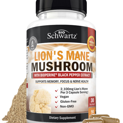 BioSchwartz Organic Lions Mane Supplement Capsules (90 Count) 2100mg Lions Mane Mushrooms with BioPerine for Max Absorption, Active Compound Verified, Nootropic Brain Supplements for Memory and Focus