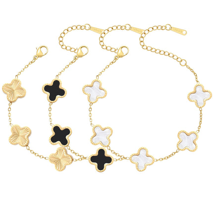 AIPPK 18K Gold Plated Clover Bracelet Set for Women Four Leaf Lucky Flower Bracelets Fashion Simple Jewelry Gifts for Women 3Pcs，white+black+gold