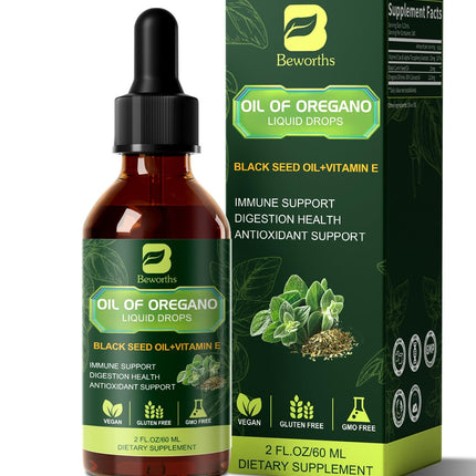 B BEWOTHS Organic Oregano Oil Drops | Oil of Oregano with Black Seed Oil, Vitamin E, 80% Carvacrol Oregano Drops for Immune, Antioxidant, Gut Detox Cleanser Support - Non-GMO, Vegan (240-day Supply)