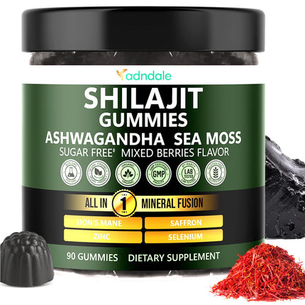 Adndale Himalayan Natural Shilajit Gummies for Men & Women, Sugar-Free Mixed Berries Flavor - with Ashwagandha, Sea Moss, Lion’s Mane & Saffron + Zinc & Selenium - 90 Gummies (45 Servings)