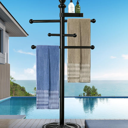 Yozoluck Pool Towel Rack Outdoor, 6 Bars with Top Tray Metal Heavy Duty Never Tilt Pool Accessories with Heavy Metal Base, Hot Tub Accessories Towel Dying Rack Towel Stand for Pool, Hot Tub etc