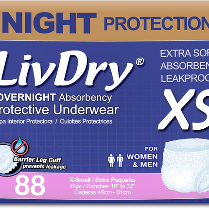 LivDry Adult Incontinence Underwear, Overnight Comfort Absorbency, Leak Protection, X-Small (88 Count)