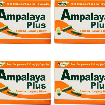 Pack of 4 Ampalaya Plus Supplement 550mg - Total 120 Capsules - Natural and Vegan - Organic Bitter Melon Capsules - Halal Herbal Food Supplement
