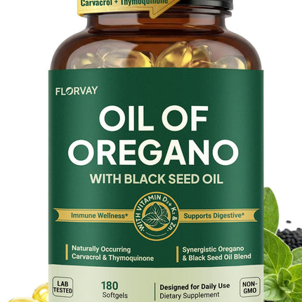 Oil of Oregano with Black Seed Oil Softgels, All-in-1 Immune Support Formula with Ultra-High Potency oregano leaf extract, 165mg Carvacrol & Thymoquinone, Non-GMO, 180 Wild Oregano Oil Capsules