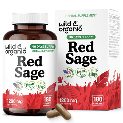 Wild & Organic Red Sage Capsules - 1200 mg Dan Shen Red Sage Supplement - Salvia Miltiorrhiza Root for Antioxidant Support - 90 Days of Supply - 180 Dan Shen Capsules - Non-GMO, Vegan, No Fillers