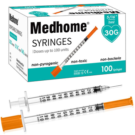 1ml 30G 5/16" (8mm) Syringe, Lab Syringes Individually Wrapped, Pack of 100