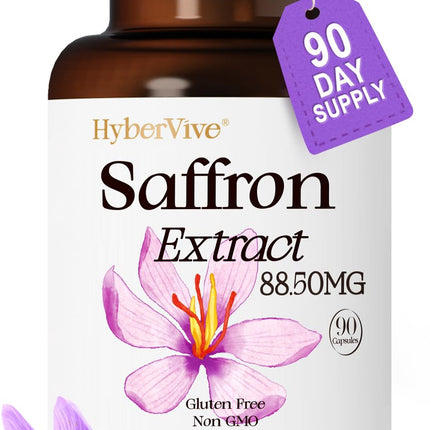 HyberVive Saffron Supplements 88.5MG | 90 Vegan Capsules, Happy Saffron Extract for Mood Energy Eye Focus Support for Women & Men, 100% Pure Ingredients, Made in USA, Non-GMO & Gluten-Free