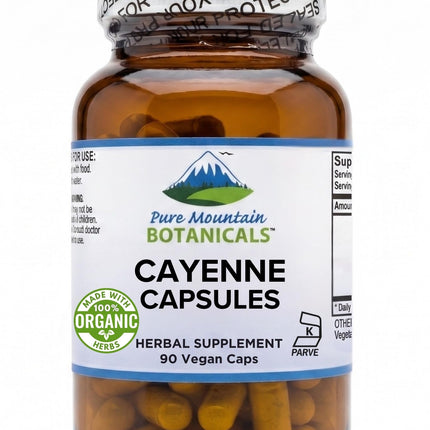 Pure Mountain Botanicals Cayenne Pepper Capsules - 90 Kosher Vegan Caps - 500mg Organic Cayenne Pepper Supplement with Capsaicin - 40000-60000 HU