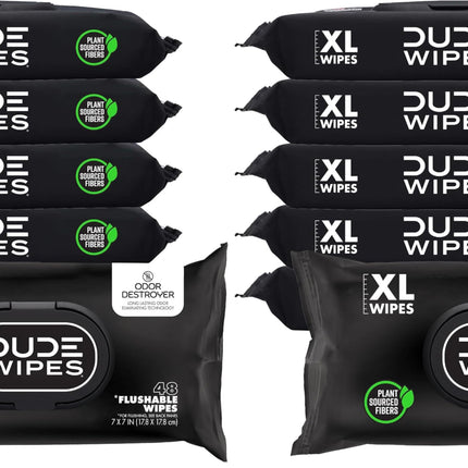 DUDE Wipes - Flushable Wipes for Adults -, Odor Destroyer XL - Deodorizing with Clean Scent - Up to 24 Hours of Odor-Destroying Technology,48 Count (Pack of 12)